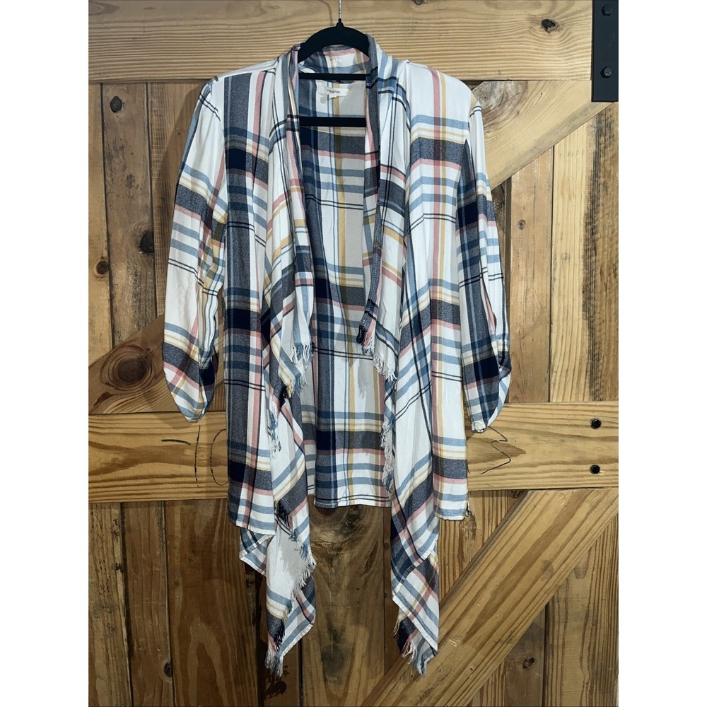 Maurices plaid open front kimono cardigan hanky‎ hem fringe trim XS